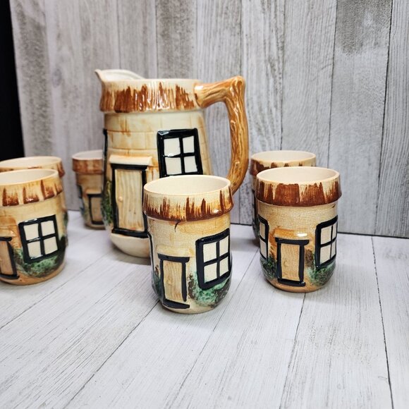 Vintage Japanese Thatched Cottage Ware Juice Pitcher & Cups Ceramics SET - Picture 3 of 10